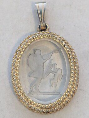 Vintage Angel Etched Glass Cameo Gold Tone Pendant